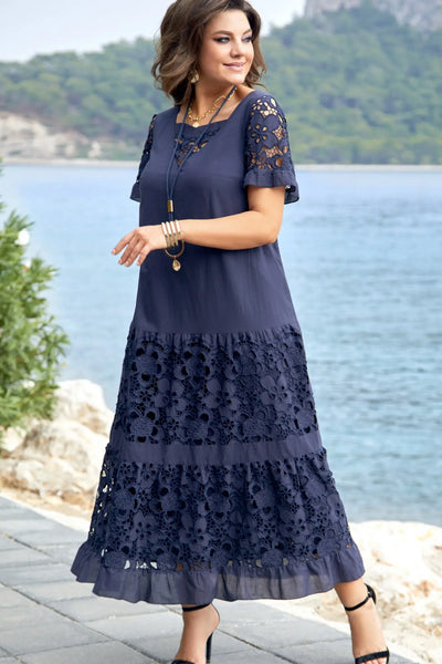 Kalina | Robe longue en dentelle bleu marine
