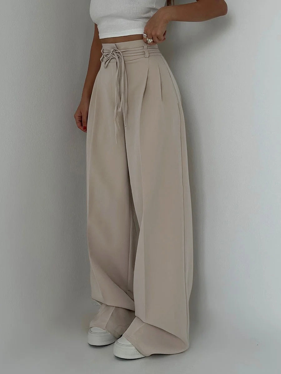 SeravaParis™ | Pantalon palazzo taille haute avec ceinture nouée