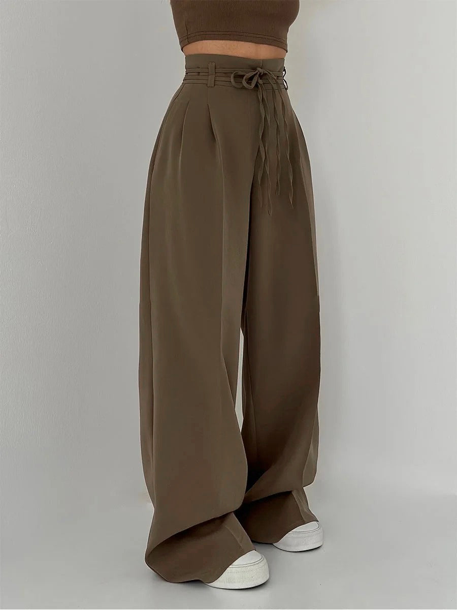 SeravaParis™ | Pantalon palazzo taille haute avec ceinture nouée