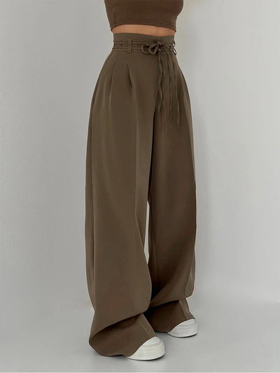 SeravaParis™ | Pantalon palazzo taille haute avec ceinture nouée