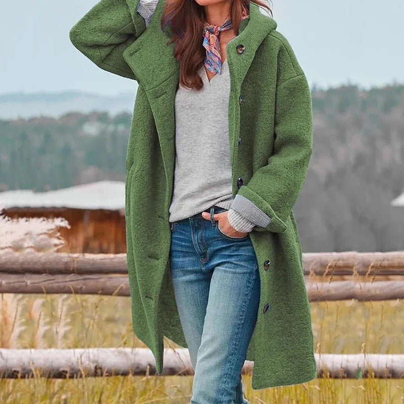 SeravaParis™ | Manteau long à capuche femme avec boutonnage frontal