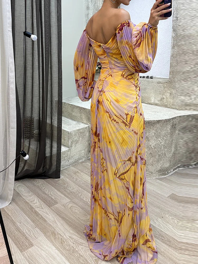 Helena | Robe Maxi Plissée en Tons de Coucher de Soleil
