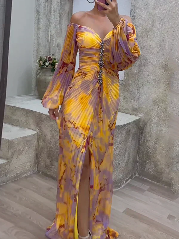 Helena | Robe Maxi Plissée en Tons de Coucher de Soleil