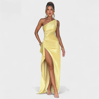 Ariel – Robe Asymétrique Satin Citron