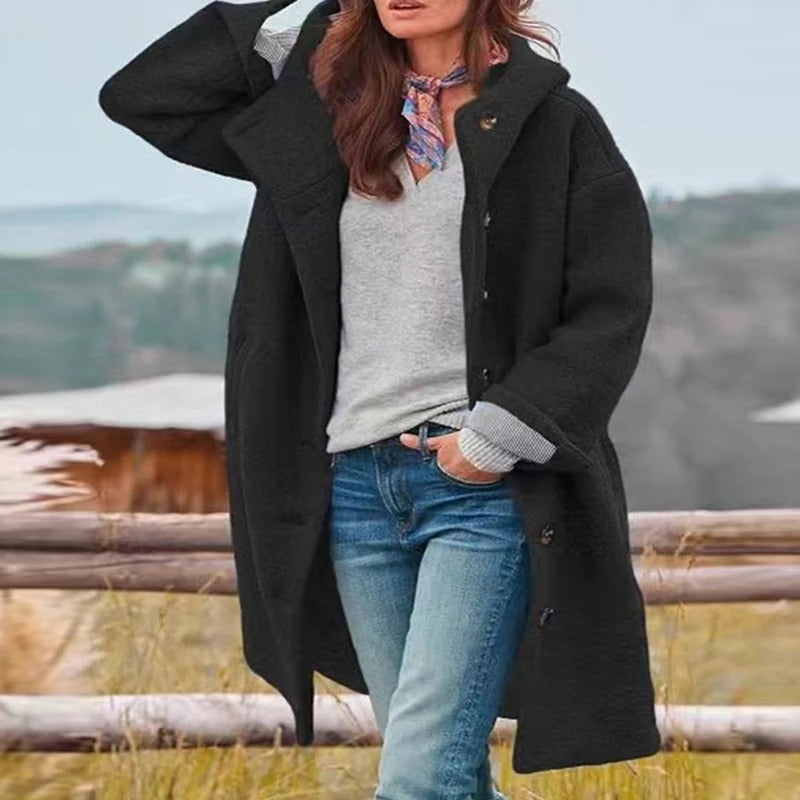 SeravaParis™ | Manteau long à capuche femme avec boutonnage frontal