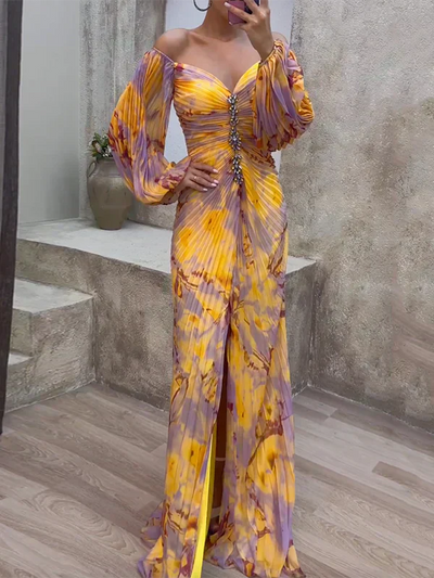 Helena | Robe Maxi Plissée en Tons de Coucher de Soleil