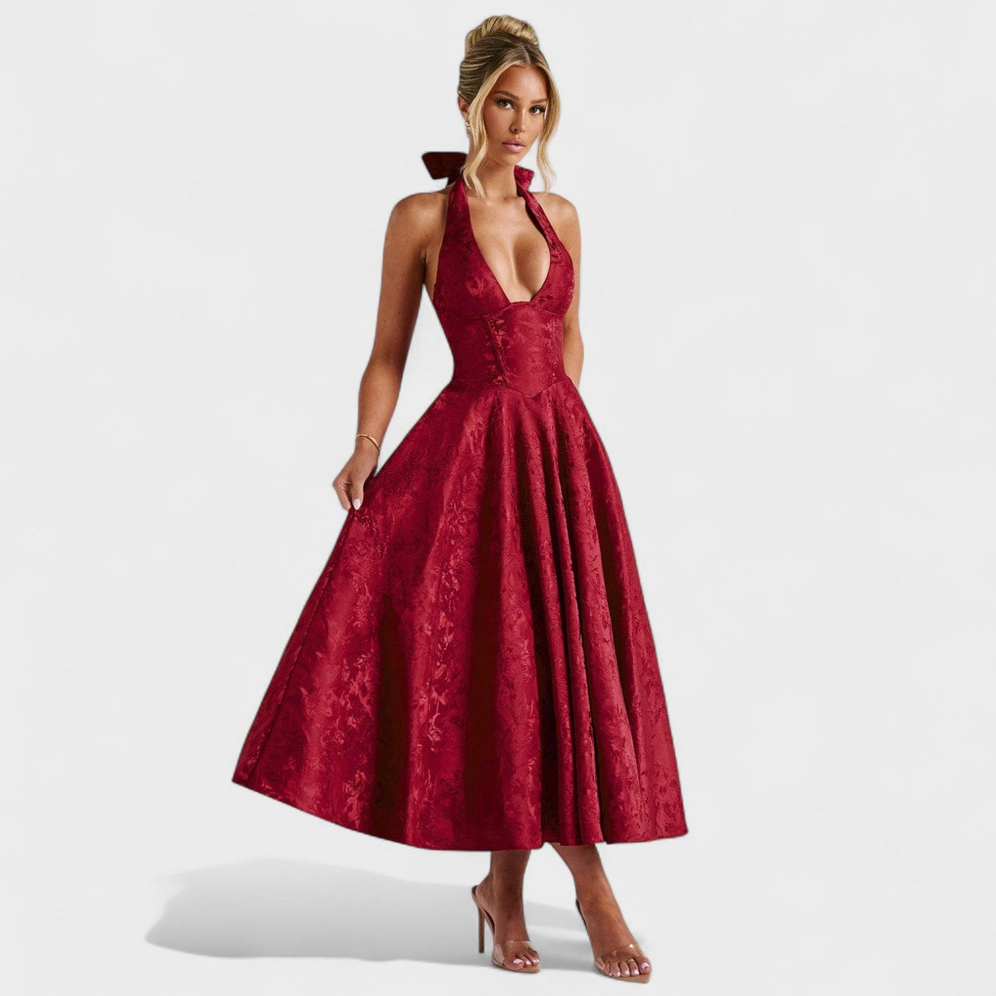 Effie – Robe Midi Texturée avec Décolleté Halter