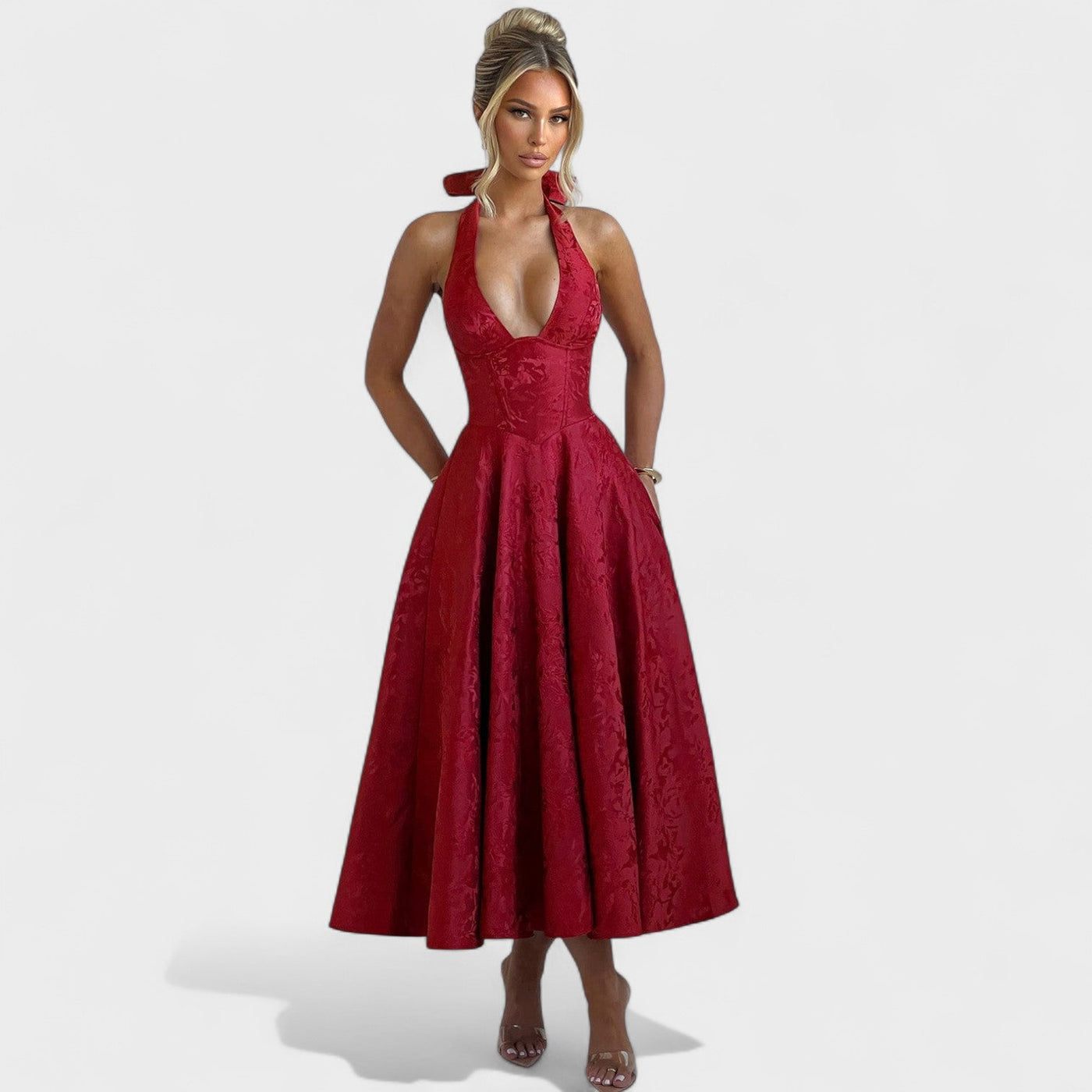 Effie – Robe Midi Texturée avec Décolleté Halter