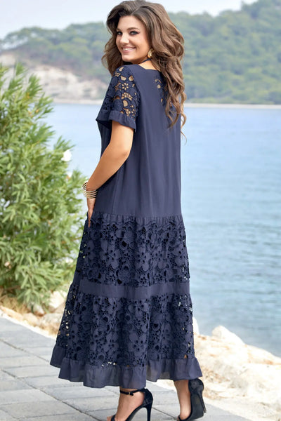 Kalina | Robe longue en dentelle bleu marine