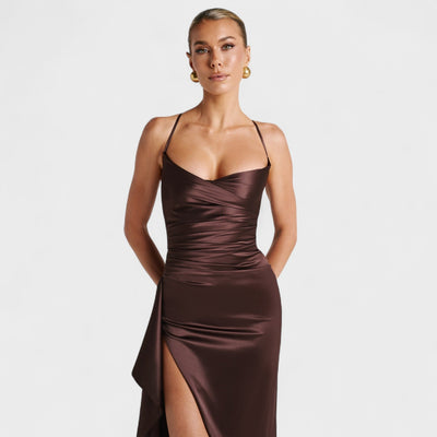 Helen - Robe Longue Satin Cacao