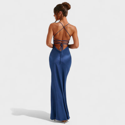Elena – Robe Satin Croisée Bleu Nuit