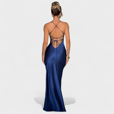 Elena – Robe Satin Croisée Bleu Nuit