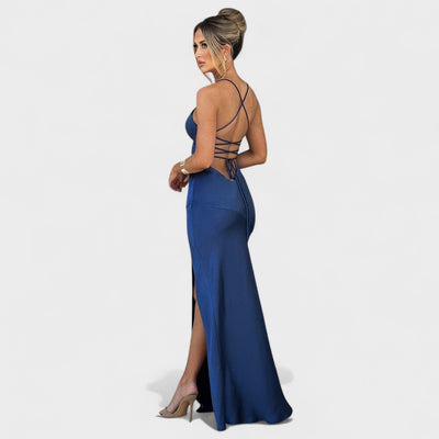 Elena – Robe Satin Croisée Bleu Nuit