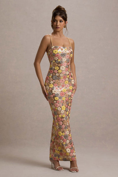 SELVIANA Robe Maxi avec Fleurs et Paillettes