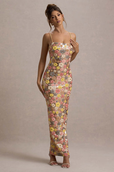 SELVIANA Robe Maxi avec Fleurs et Paillettes